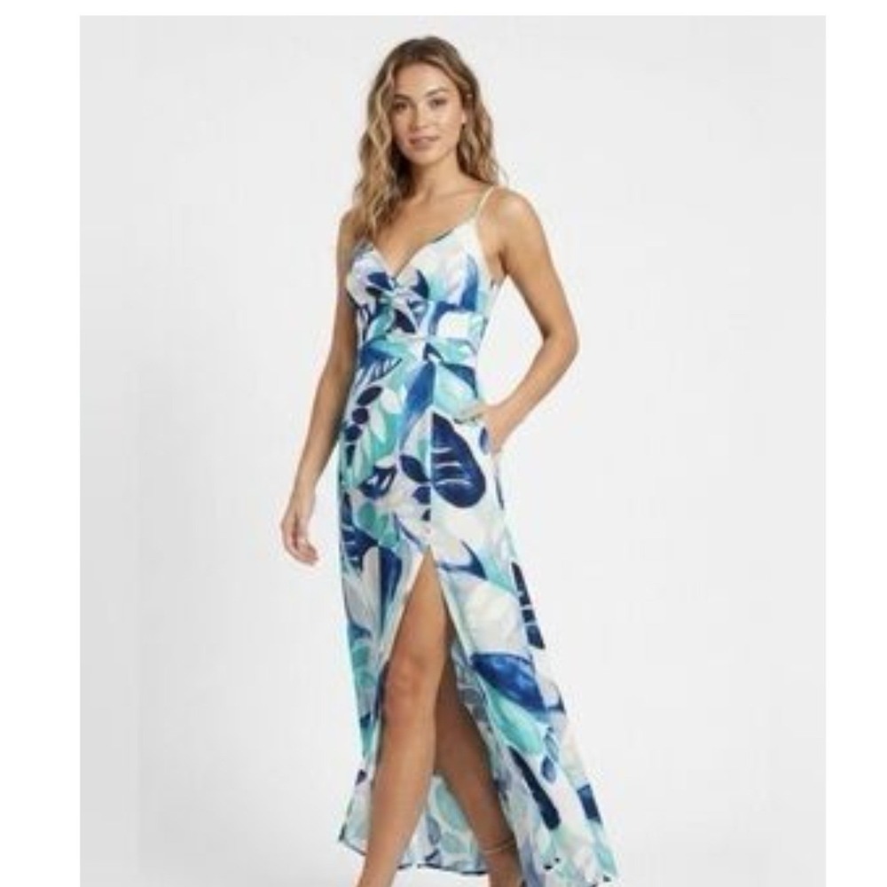 1.STATE‎ Women Large Maxi Dress Blue Tropical Linen Blend Cutout Slit Resort